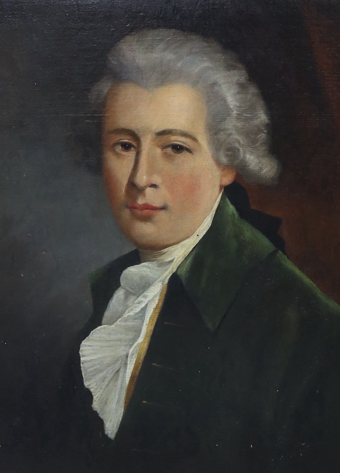 English School, oil on canvas, Portrait of a gentleman wearing a powdered wig and frock coat, 59 x 44cm, ornate gilt frame